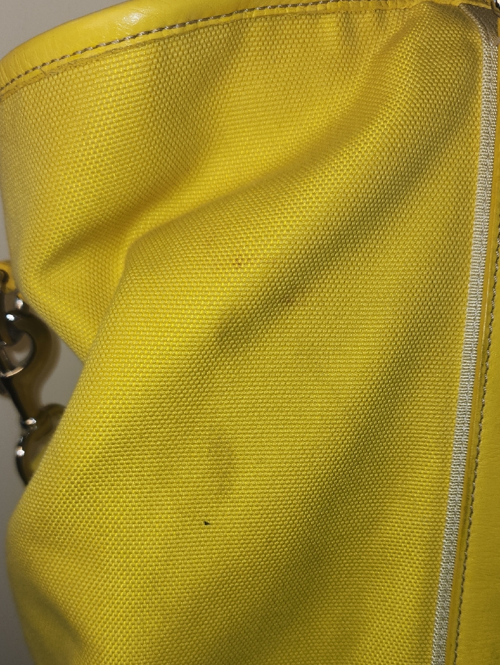 Coach Huge Yellow Canvas Tote Brown Leather Handles Travel Shoulder Strap Silver - Picture 14 of 17